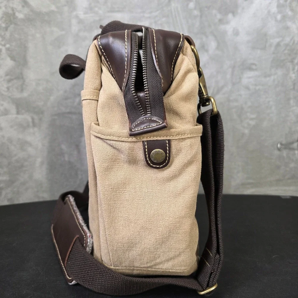 H.S. Trask Canvas Leather Laptop Briefcase Messenger Bag‎ Mens Tan GOOD Travel